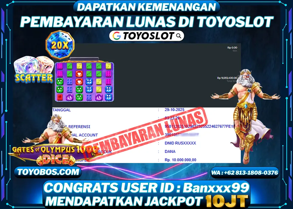 TOYOSLOT - BUKTI KEMENANGAN Gates Of Olympus 1000x Dice Rp10,000,000,- LUNAS